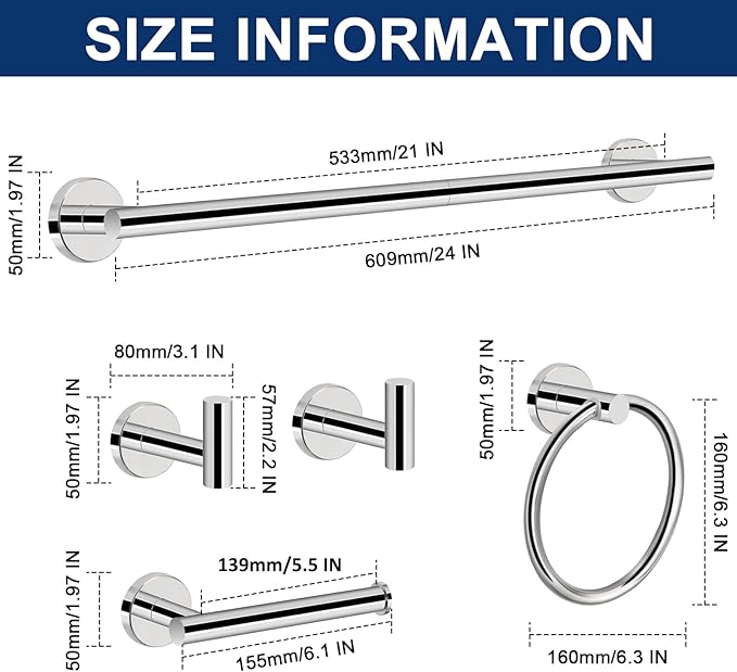 NearMoon 5 Pieces Bathroom Hardware Set SUS304 Thicken Stainless Steel-Towel Rack Kit Include 24" Towel Rod + Bath Towel Ring + Toilet Paper Holder +2 Robe Towel Hooks Bath Accessories (Chrome Finish)