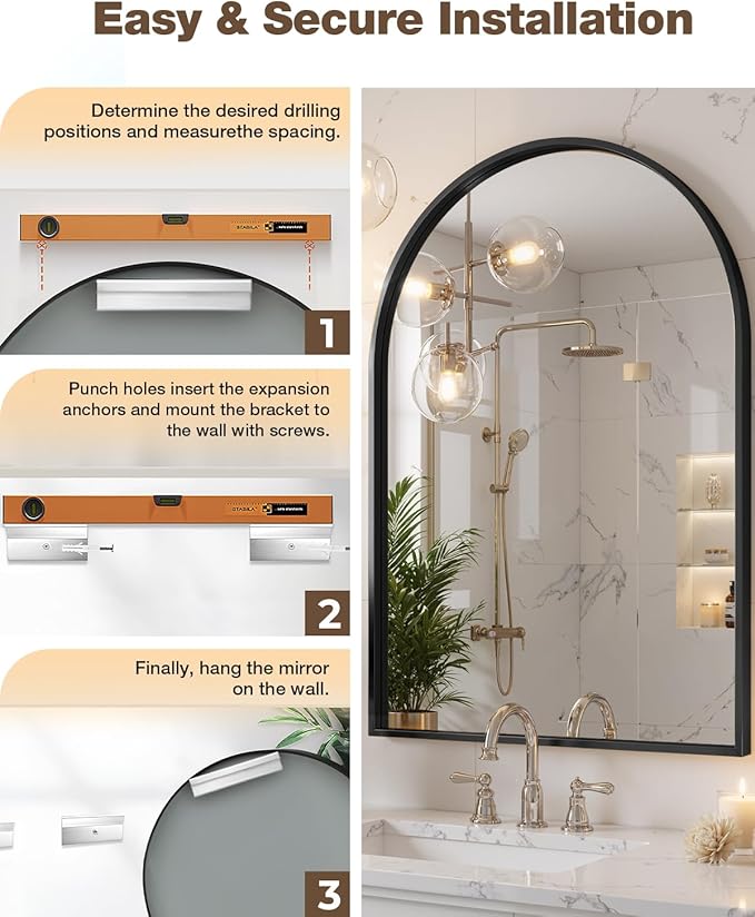MZON 16 * 24 Inch Arched Black Mirror, Arched Bathroom Mirror, Arch Mirrors for Wall, Vanity, Entryway&Livingroom, Metal Frame&Tempered Glass, Anti-Rust, Modern Home Decor