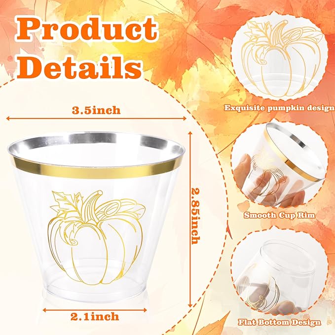 Ciaell 60 PCS Gold Plastic Cups - 9Oz Heavy Duty Plastic Cups - Thanksgiving Disposable Cup - Disposable Clear Wine Cup with Gold Pumpkin for Party & Thanksgiving