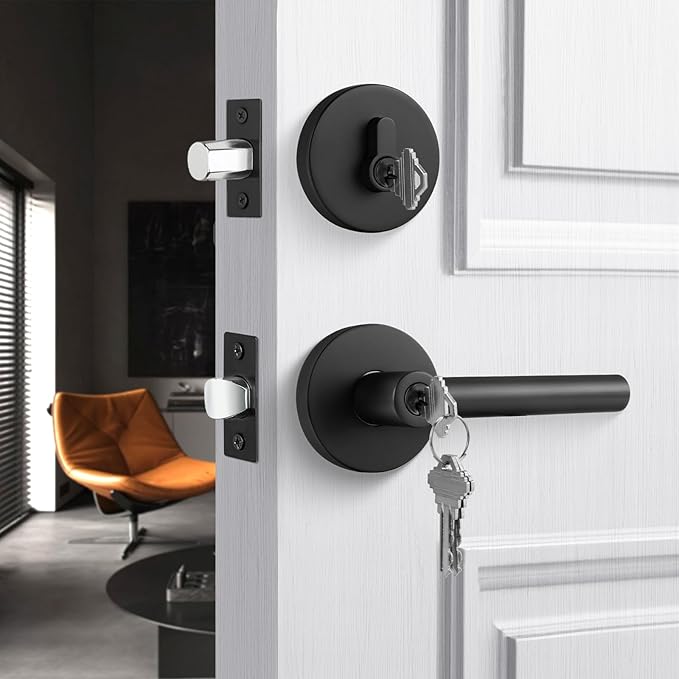 Goldenwarm Exterior Deadbolt and Keyed Entry Door Handle Set, Heavy Duty Zinc Alloy Black Door Lever, Key Entry Front Matte Black Door Handle with Lock and Key(1 Pack)