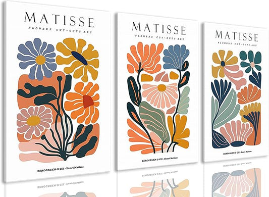 3Pcs Framed 16x24in Matisse Wall Art Canvas Colorful Boho Flower Posters Abstract Pictures Minimalist Plant Leaves Painting Prints Decor Aesthetic for Living Room Bedroom Dorm