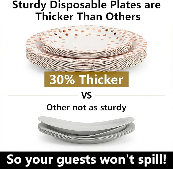 201PCS Disposable Paper Plates Rose Gold Party Supplies, Polka Dots Birthday and Baptism Decorations, include Cups, Napkins, Plastic Tablecloth, for Baby Shower, Mother's Day