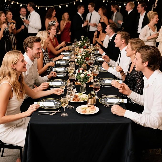 WELLIFE 350Pcs Clear and Gold Plastic Plates for 50 Guests - Disposable Plates for Party, Includes 100 Gold plates,150 Plastic Silverware, 50 Napkins, 50Cups, Disposable Dinnerware Set