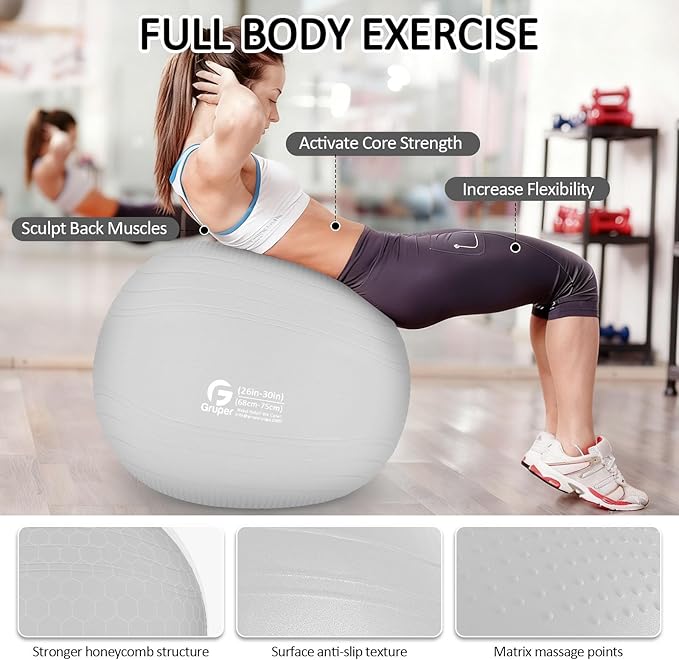 Gruper Yoga Ball, Multiple Sizes Non Slip Exercise Ball for Workout, Birthing, Balance, Stability, Pregnancy, 2200LB Capacity, Anti Burst Chair for Home and Office, Includes Quick Pump & Fitness Guide