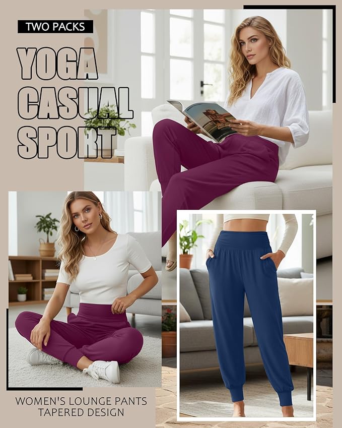 2 Pack Women's Yoga Joggers, Cozy Sweatpants with Pockets Casual Loose Comfy High Waisted Lounge Pants