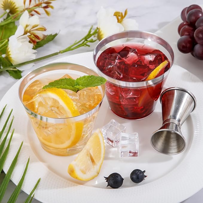 Ciaell 200PCS Silver Plastic Cups - 9Oz Heavy Duty Plastic Cups - Silver Rimmed Cup - Disposable Clear Cup with Silver Rim for Party & Wedding