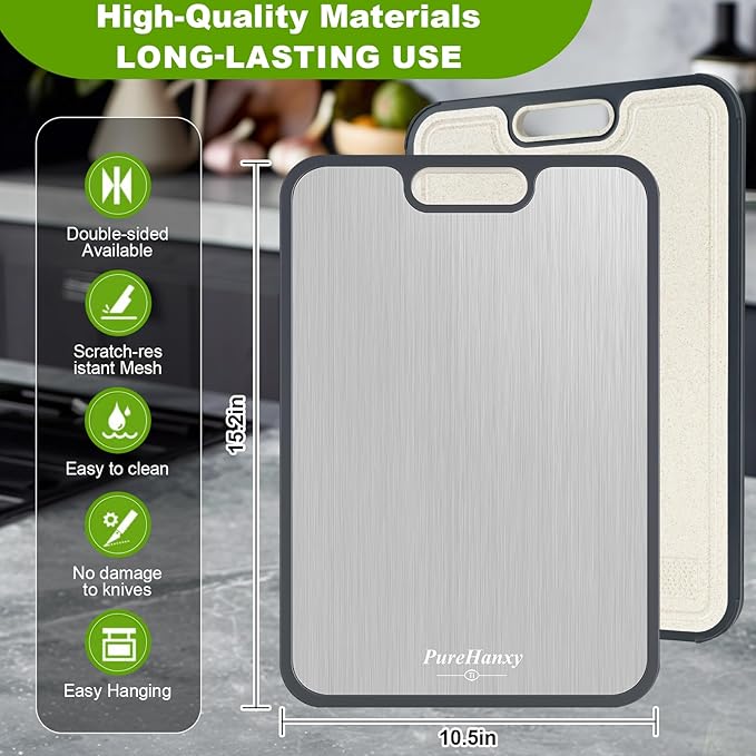Titanium Cutting Board for Kitchen,2-in-1 Double Sided Food-Grade Pure Titanium&Wheat Straw PP,Non-Toxic，Non-Slip，Ideal for Meat,Fruit，Vegetables & Family Cooking ，Easy to Clean Large Size 15.2”×10.5”