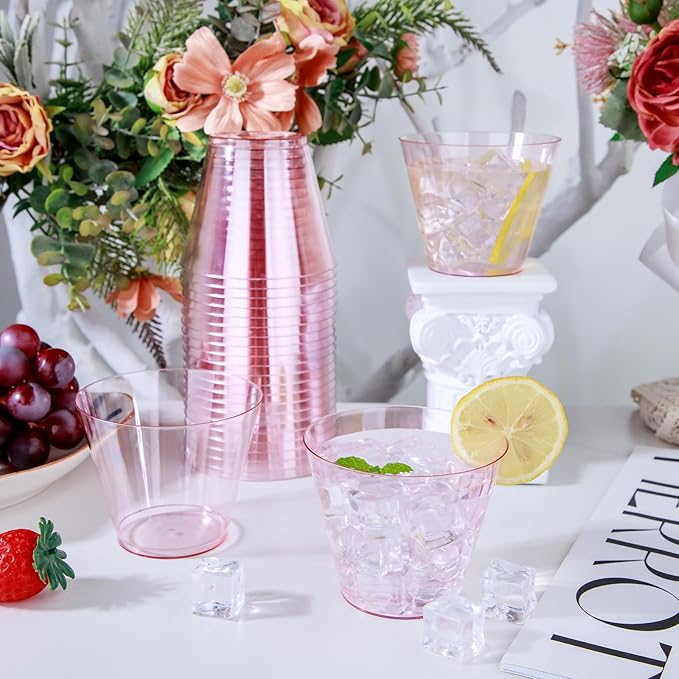 Ciaell 300PCS Clear Pink Plastic Cups - 9 Oz Heavy Duty Plastic Cups - Clear Party Cup Disposable Wine Cup for Parties & Weddings & Party