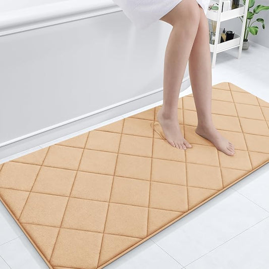 OLANLY Memory Foam Bath Mat 70x24, Ultra Soft and Absorbent Bathroom Rugs, Machine Washable, Comfortable Bath Carpet for Bathroom Floor, Tub and Shower, Beige