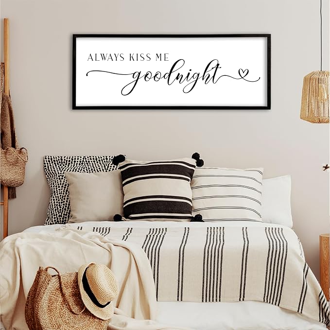 Always Kiss Me Goodnight Sign Wall Decor 40"X15" Master Bedroom Above Bed Large Wooden Framed for Couples Over Bed Wall Hanging Art (Black)