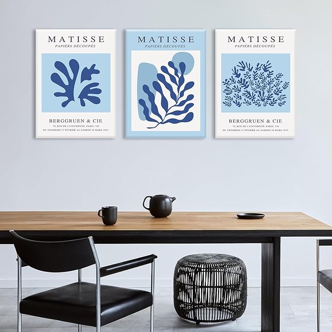 BingruiArt Blue Matisse Wall Art Canvas Boho Flower Set of 3 Minimalist Plant Leaves Painting Abstract Pictures Aesthetic Prints Home Decor for Living Room Bedroom Bathroom 12"x16" Framed