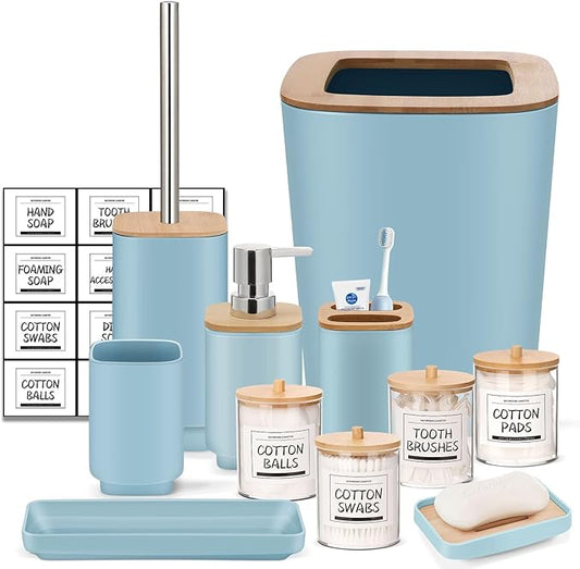 IMAVO Bathroom Accessories Set,Blue Bathroom Set,11 Pieces Bathroom Accessory Set,Trash Can for Bathroom Accessories Décor and Housewarming Gifts