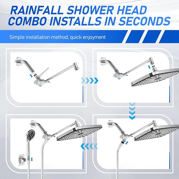 Wide Rain Shower Head With 5 Modes Handheld Showerheads, High Pressure Showerhead Combo with Extension Arm for Bathroom Accessories, Adjustable Shower Head with Anti-Clog Nozzles (Chrome)