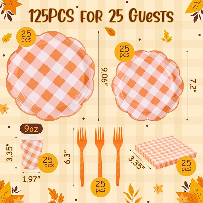 125Pcs Orange Gingham Plates, Disposable Fall Plaid Dinnerware with Plates, Napkins, Forks and Cups Orange and White Checkered Party Supplies for Harvest Thanksgiving Party