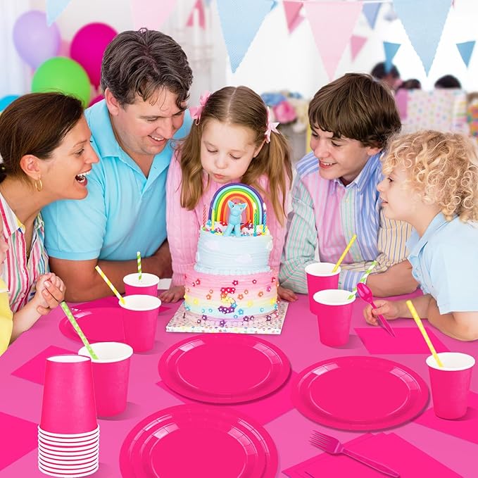 TWOWYHI 229PCS Hot Pink Party Supplies Set - Paper Disposable Plates Cups Plastic Spoons Forks Knives Napkins Serve 30 Guests