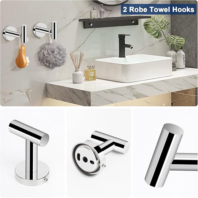 NearMoon 5 Pieces Bathroom Hardware Set SUS304 Thicken Stainless Steel-Towel Rack Kit Include 24" Towel Rod + Bath Towel Ring + Toilet Paper Holder +2 Robe Towel Hooks Bath Accessories (Chrome Finish)