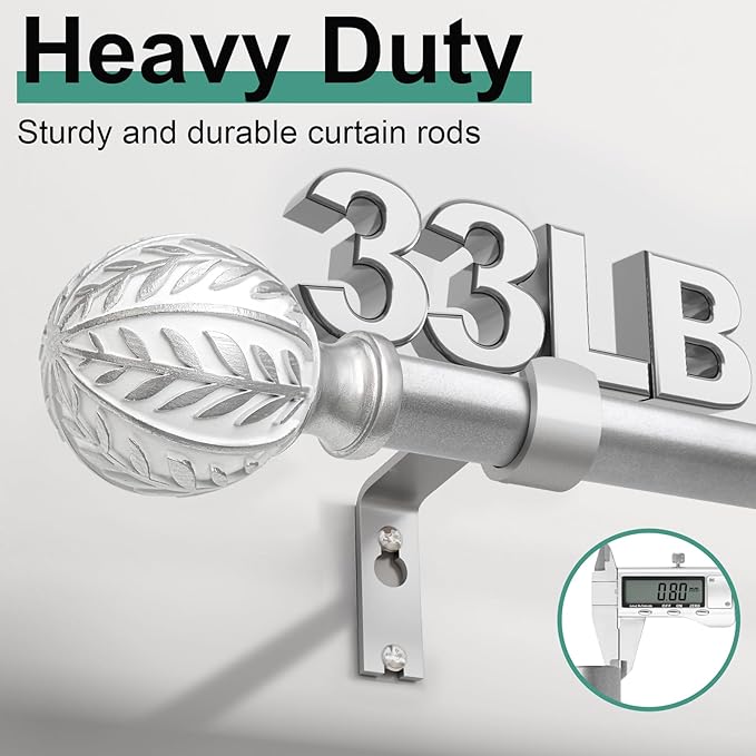 Silver Curtain Rods for Windows 72 to 144 inch,1" Adjustable Heavy Duty Window Curtain Rod Leaf Finials,Rustic Decorative Drapery Rods Set,Size:36-150''
