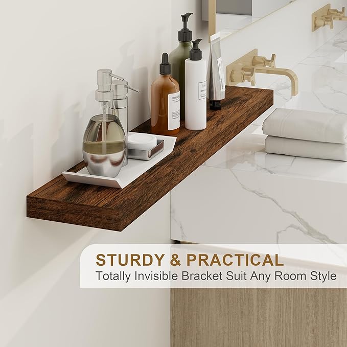 Fun Memories Floating Shelves for Wall, 36Inch Floating Shelves Set of 2, Hanging Shelf with Invisible Brackets, Bathroom Shelves for Living Room, Bedroom, Kitchen- Brown