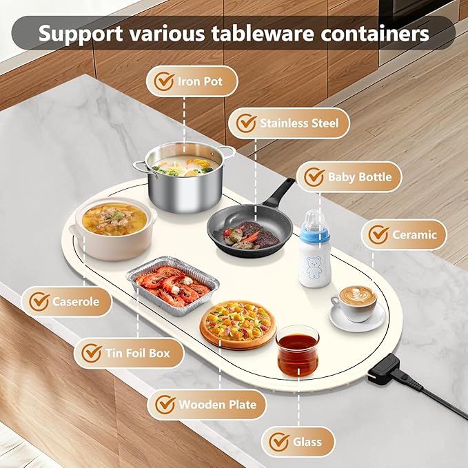Warming Mat for Food with Adjustable Temperature Timer,10S Fast Heating Silicone Food Warmers for Parties Buffet and Home Daily,Food Warming Mat with Insulating Pad Raised Feet Protects Table