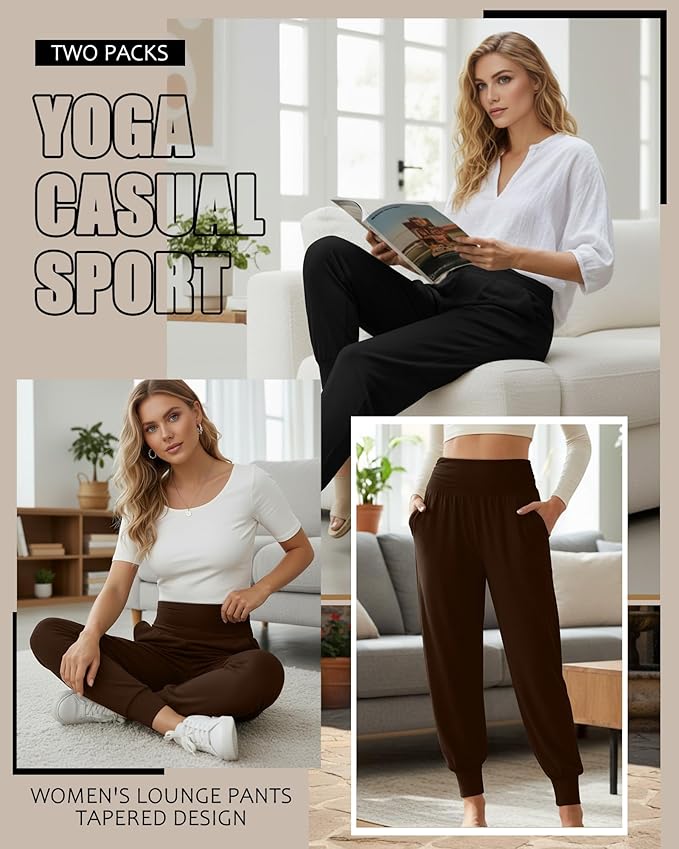 2 Pack Women's Yoga Joggers, Cozy Sweatpants with Pockets Casual Loose Comfy High Waisted Lounge Pants