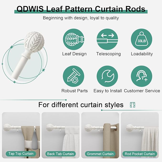 Antique White Curtain Rods for Windows 28 to 48 inch,1" Adjustable Heavy Duty Window Curtain Rod with Leaf Finials,Rustic Decorative Drapery Rods Set,Size:18-60''