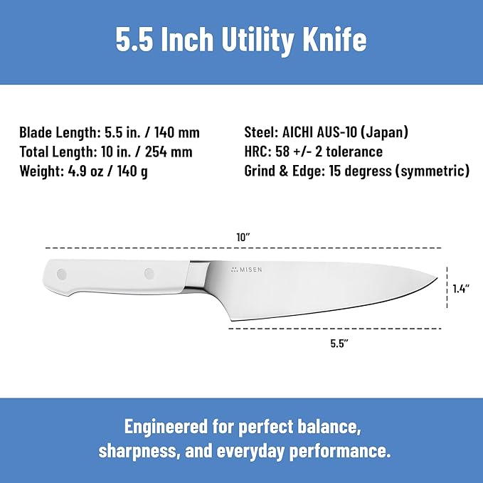 Misen 5.5" Utility Knife – High Carbon Japanese AUS-10 Stainless Steel – Hybrid German & Japanese Blade – Precision Kitchen Knife for Professionals & Home Cooks – Ultimate Cutting Performance - White