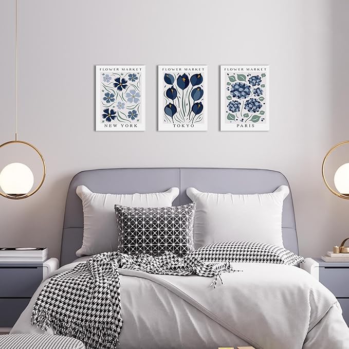 BingruiArt Flower Market Wall Art Navy Blue Canvas Boho Floral Wall Decor Modern Retro Botanical Posters Prints Pictures for Livingroom Batroom Bedroom Dorm Room 3Pcs 12"x16" Framed