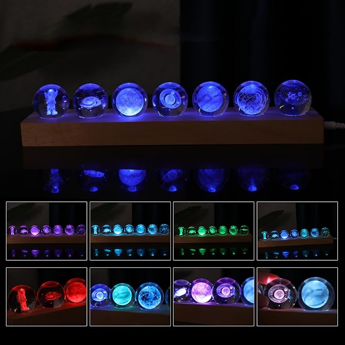 7 Pcs Planet Crystal Ball Night Light Lamp with LED Wooden Base, 3D Galaxy Moon Saturn Crystal Ball Nightlight for Meditation Positive Energy Decoration for Home for Birthday Christmas Gifts