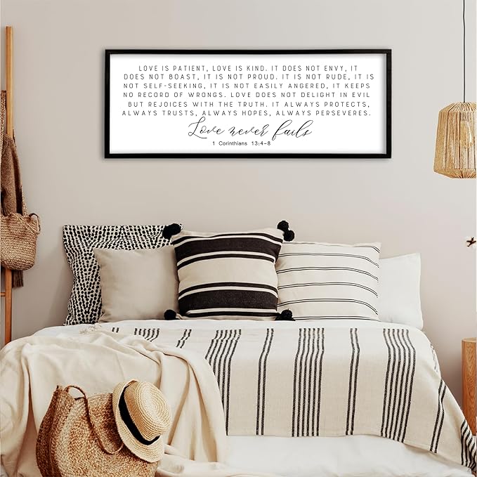 Love is Patient Kind Sign Wall Art 40"X15" 1 Corinthians 13 Bible Verse for Bedroom Above Over Bed Christianity Large Wood Framed Wall Hanging Decor (Black）