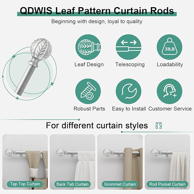 Silver Curtain Rods for Windows 66 to 120 inch,1" Adjustable Heavy Duty Window Curtain Rod Leaf Finials,Rustic Decorative Drapery Rods Set,Size:36-120''
