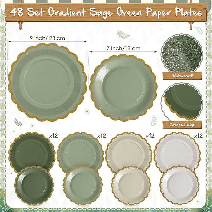 Mimorou 342 Pcs Sage Green Party Supplies Green Tableware Paper Disposable Plates Napkins Cups Plastic Tablecloth Sage Golden Triangle Banner for Wedding Bachelorette Birthday