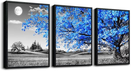 Black Framed Wall Art for Living Room & Bedroom - Blue Tree Wall Paintings, Modern Home Decor - 12"X16" Set of 3 Piece Framed Art Prints