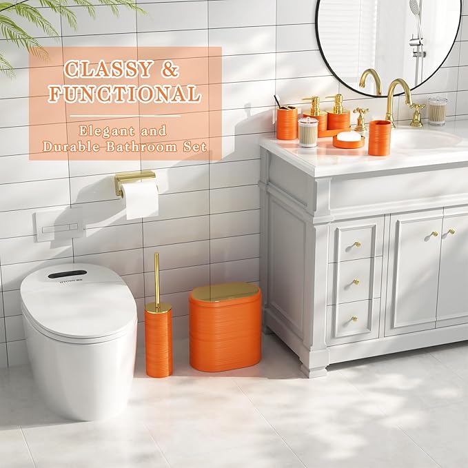 Bathroom Set, 10PC Bathroom Accessory Set, Orange Bathroom Accessories, Orange and Gold Bathroom Set with Trash Can, Soap Dispensers