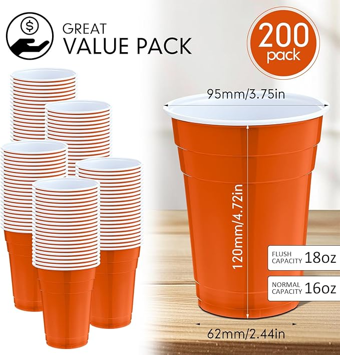 Mimorou Orange 200 Pack 16 oz Disposable Plastic Cups Bulk, Party Plastic Cups for Parties Stackable Beverage Drinking Tumbler Heavy Duty for Events Picnics and BBQ Wedding Birthday Baby Shower