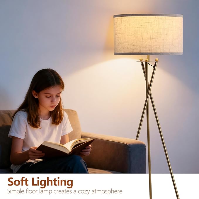 Modern Tripod Floor Lamp, Mid Century Reading Standing Lamp with 3 Color Temperatures and Foot Switch, Modern Night Light for Living Room, Bedroom, Office Décor, Gold