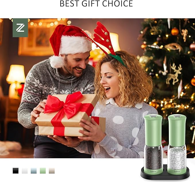 Electric Salt and Pepper Grinder Set with LED Power Display,Larger Capacity Salt and Pepper Shakers Set Rechargeable Electric with Flexible Coarsenes,LED Light,One Hand Operation for Kitchen(Green)