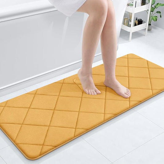 OLANLY Memory Foam Bath Mat 47x20, Ultra Soft and Absorbent Bathroom Rugs, Machine Washable, Comfortable Bath Carpet for Bathroom Floor, Tub and Shower, Yellow