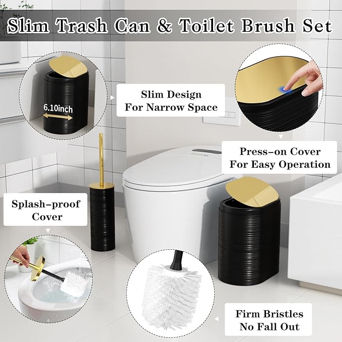 Bathroom Set, 10PC Bathroom Accessory Set, Black Bathroom Accessories, Black and Gold Bathroom Set with Trash Can, Soap Dispensers