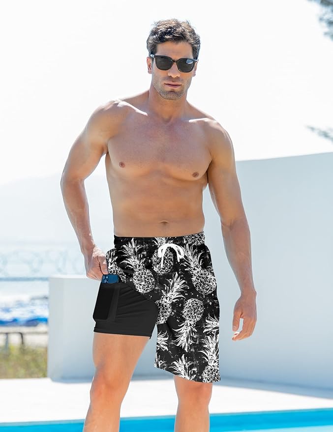 Goodstoworld Mens Swim Trunks with Compression Liner 9'' Inseam Quick Dry Swimsuit Shorts M-3XL