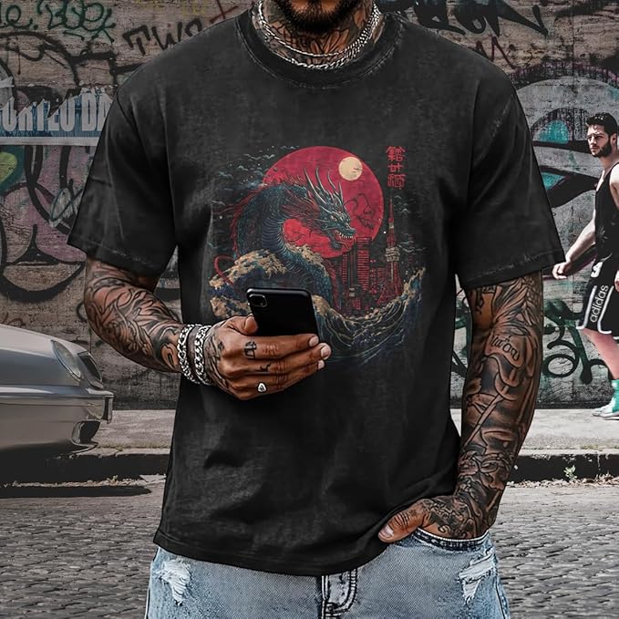 Mens Dragon Grpahic T-Shirts Short Sleeve 100% Cotton Crewneck Big and Tall Outdoor Summer Quick Dry Undershirts