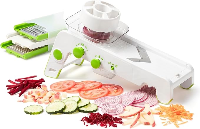 Starfrit Cubing Pro Mandoline Slicer, Dicer - 4 Blades & Graters with Storage Box - Straight & Crinkle V-Blades, Fine & Coarse Graters - 10 Thickness Settings, 3 Julienne Sizes - Self-Feeding Pusher