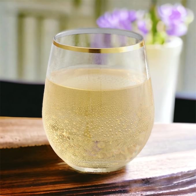 Oojami 36 piece Disposable Stemless Unbreakable Crystal Clear Plastic Wine Glasses Set of 36 (12 Ounce, Gold Rim)