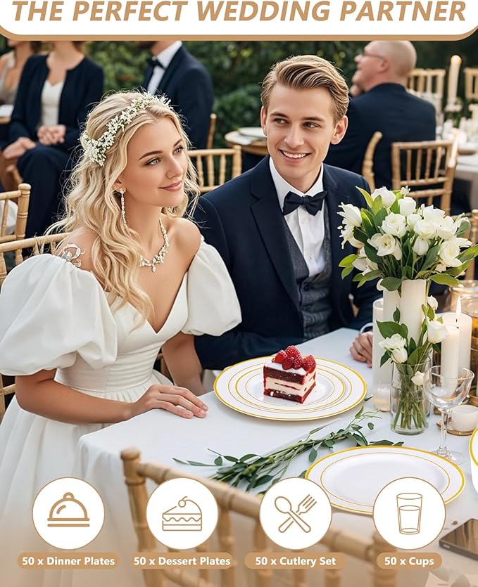 GATHER 350PCS Gold Plastic Plates - White and Gold Disposable Plastic Dinnerware Set Include 50 Dinner Plates, 50 Dessert Plate, 150 Silverware, 50 Napkins, 50 Cups for Party & Wedding & Christmas