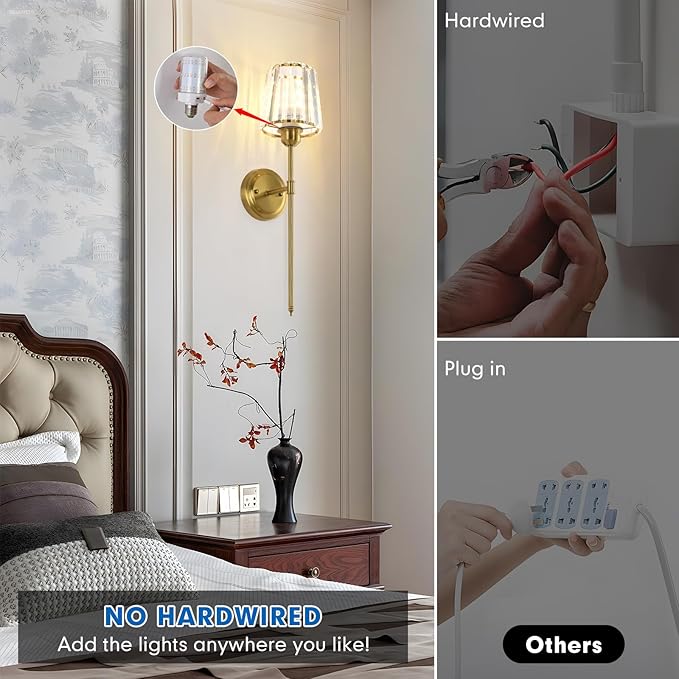 Crystal Battery Operated Wall Sconces, Gold RGB Rechargeable Wireless Wall Sconce with Remote for Wall Decor Bedroom Living Room 1 Bulbs Included