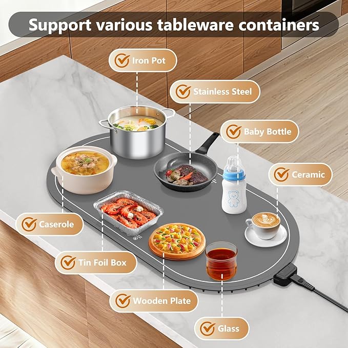 Warming Mat for Food with Adjustable Temperature Timer,10S Fast Heating Electric Food Warming Mat for Parties Buffet Daily,Food Heating Mat with Insulating Pad Raised Feet Protects Table
