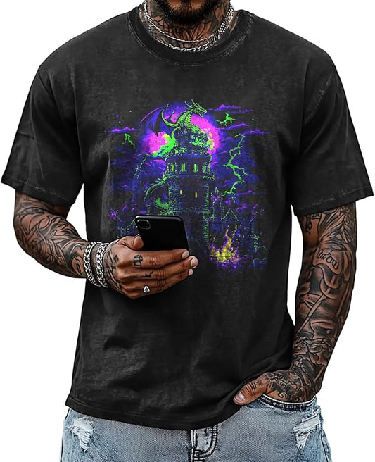 Mens Dragon Grpahic T-Shirts Short Sleeve 100% Cotton Crewneck Big and Tall Outdoor Summer Quick Dry Undershirts