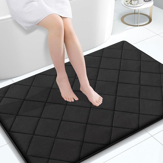 OLANLY Memory Foam Bath Mat 40x32, Ultra Soft and Absorbent Bathroom Rugs, Machine Washable, Comfortable Bath Carpet for Bathroom Floor, Tub and Shower, Black