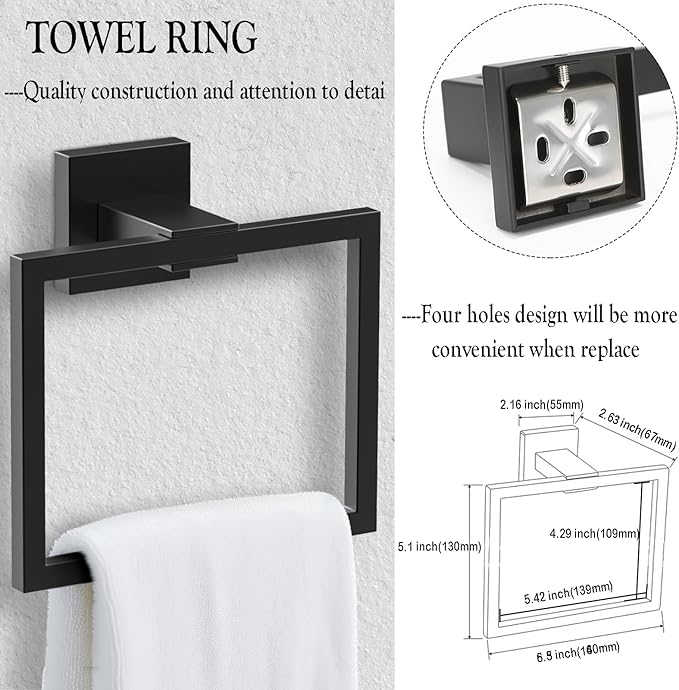 BOZWELL 4 Pieces Matte Black Bathroom Hardware Accessories Set Square Towel Racks for Bathroom 23.6 inch Stainless Steel Towel Bar Set Wall Mounted