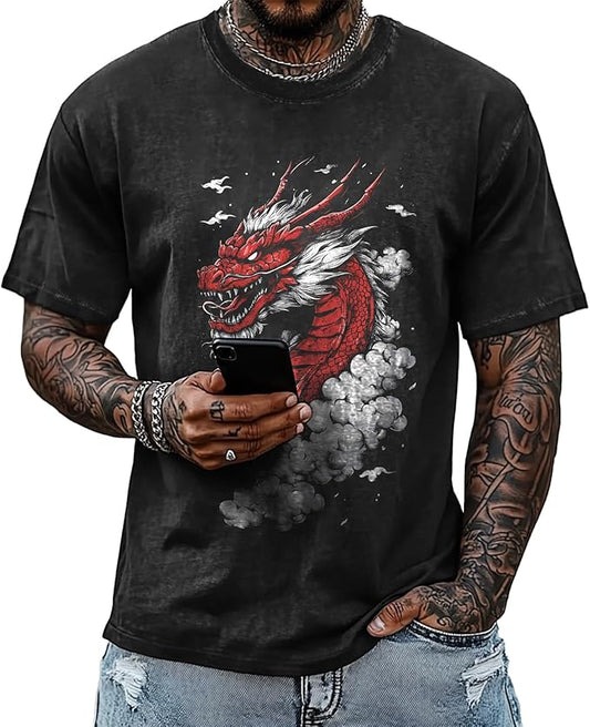 Mens Dragon Grpahic T-Shirts Short Sleeve 100% Cotton Crewneck Big and Tall Outdoor Summer Quick Dry Undershirts