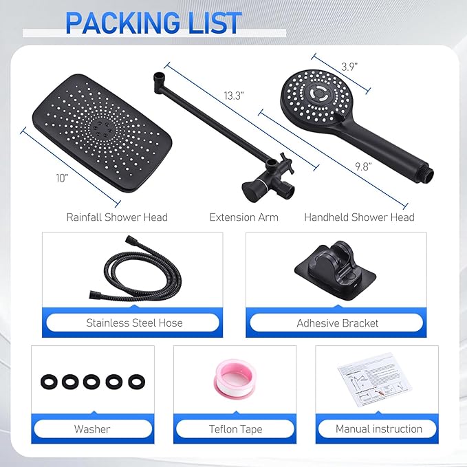 Wide Rain Shower Head With 5 Modes Handheld Showerheads, High Pressure Showerhead Combo with Extension Arm for Bathroom Accessories, Adjustable Shower Head with Anti-Clog Nozzles (Black)